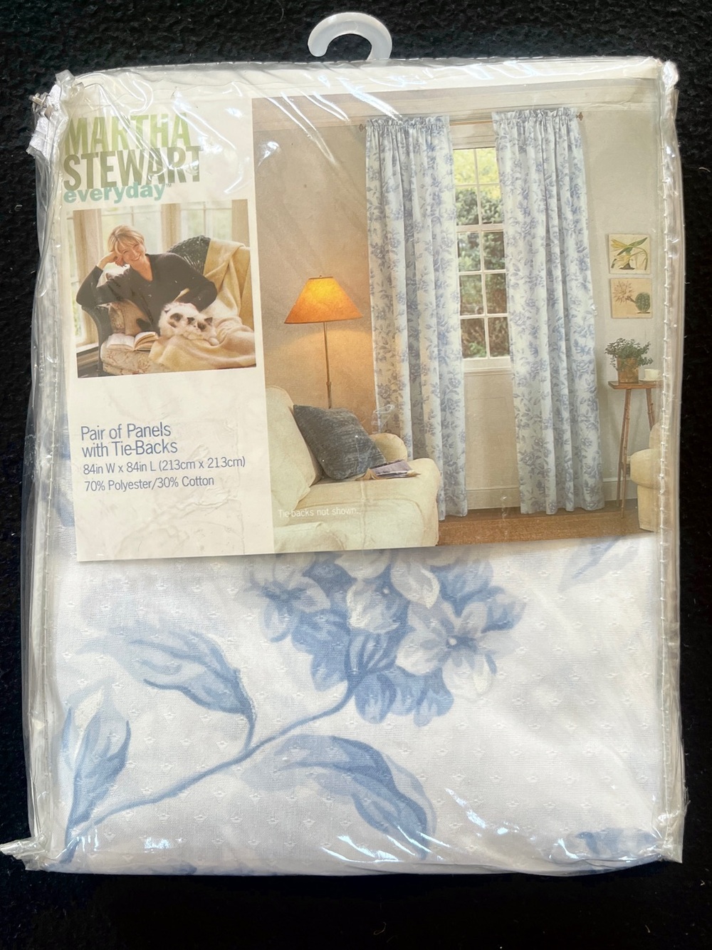 NEW Vtg 1999 MARTHA STEWART Blue White Floral Curtain Panel Set Rose Vine 84”